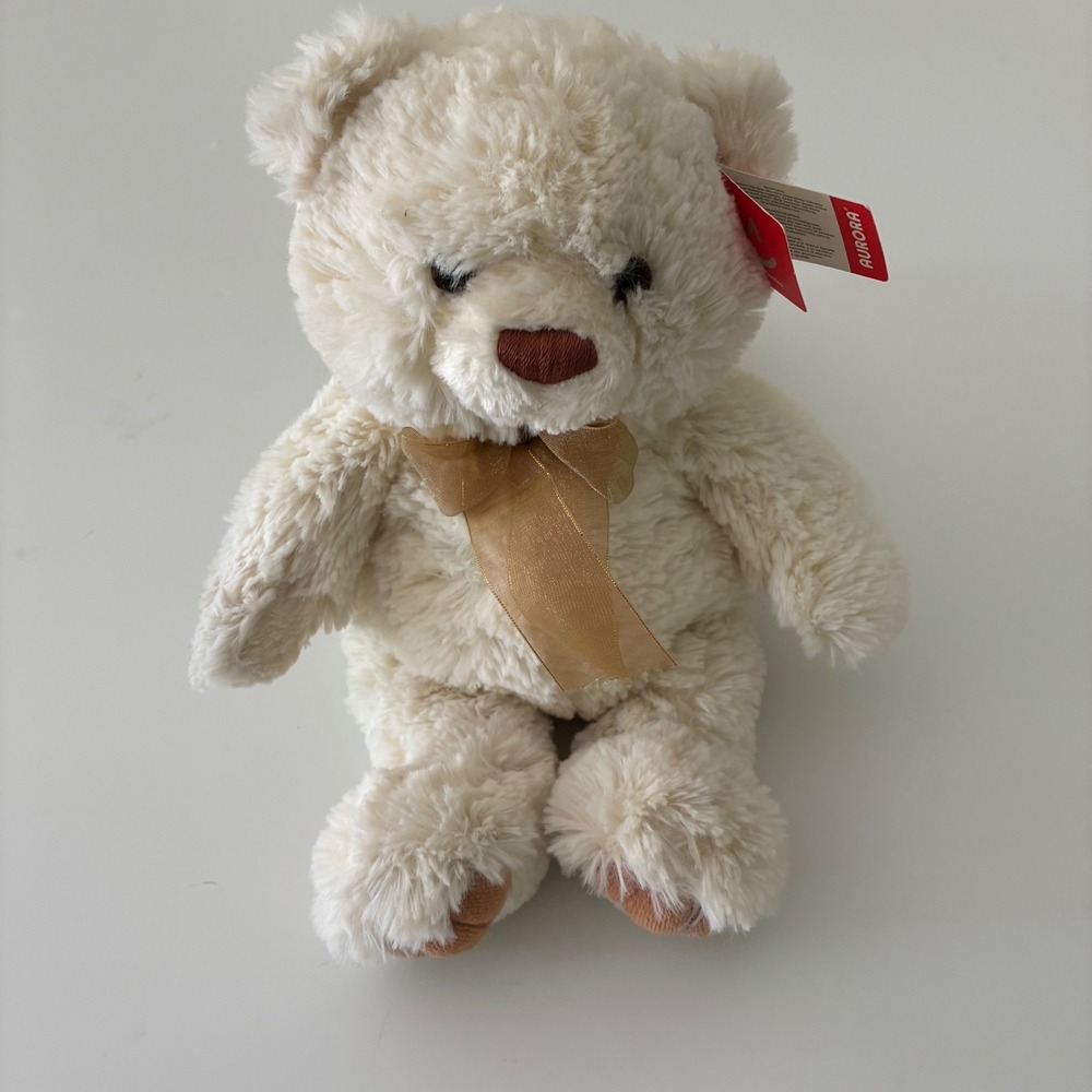 Aurora World Belle Cream Shaggy Teddy Bear Bow Plush Stuffed Animal 12 inch